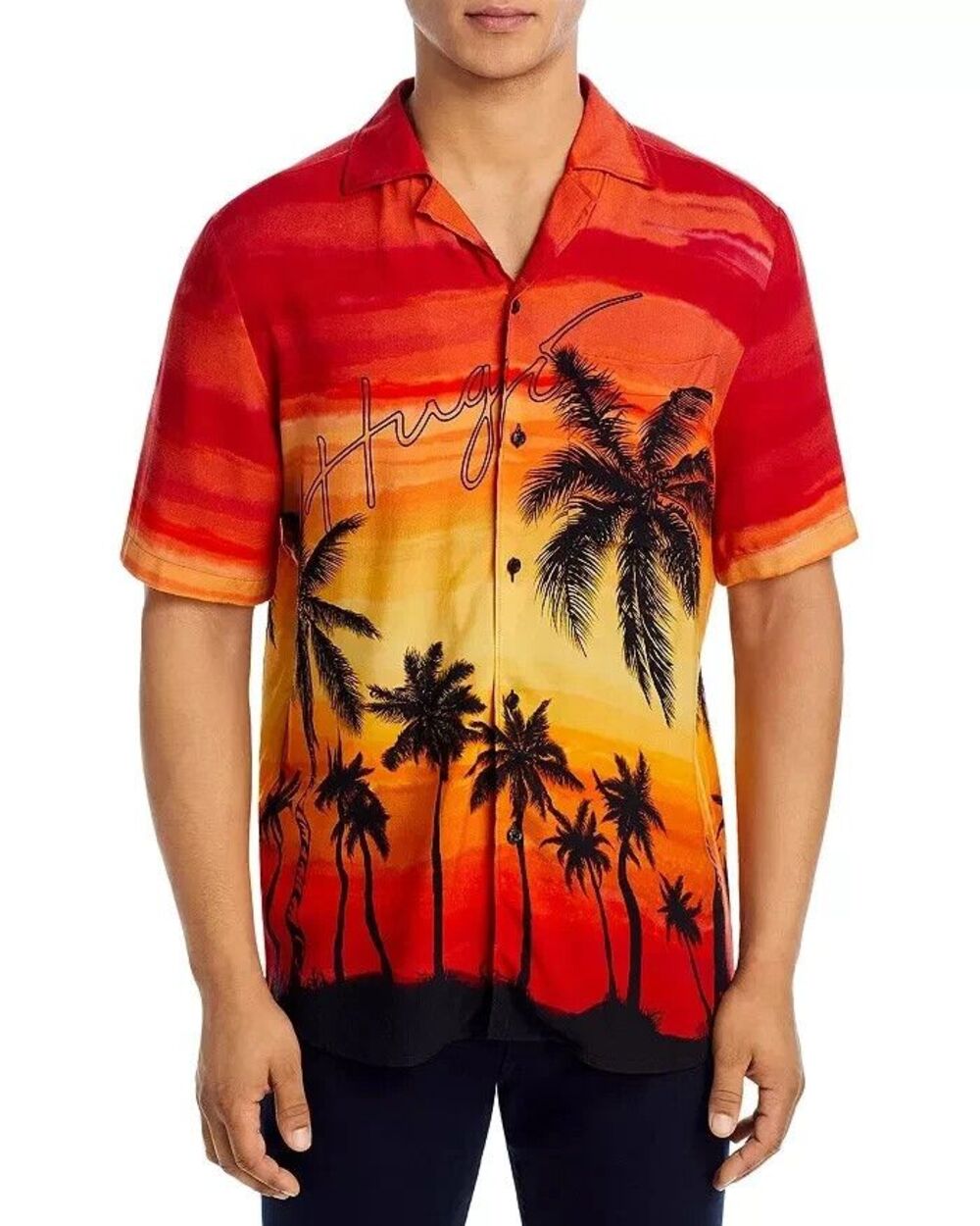 HUGO BOSS Shirt Mens Medium Red Sunset Button Short Sleeve Hawaiian ELLINO $148